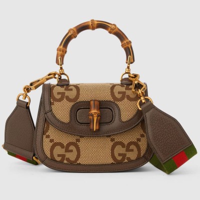 Gucci Bamboo 1947 Mini Top Handle Bag in Camel Jumbo GG Canvas GGBS10052