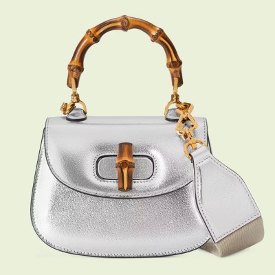 Gucci Bamboo 1947 Mini Top Handle Bag in Silver Metallic Leather GGBS10056