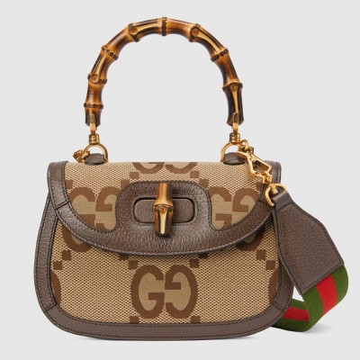 Gucci Bamboo 1947 Small Top Handle Bag in Camel Jumbo GG Canvas GGBS10061