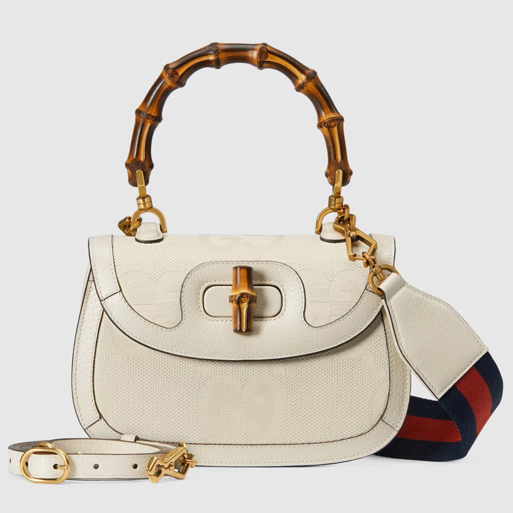 Gucci Bamboo 1947 Small Top Handle Bag in White Jumbo GG Canvas GGBS10065