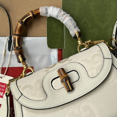 Gucci Bamboo 1947 Small Top Handle Bag in White Jumbo GG Canvas GGBS10065