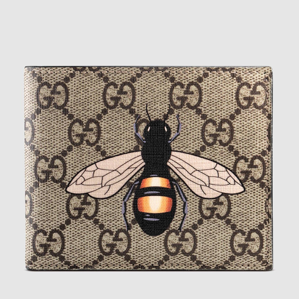 Gucci Bi-fold Wallet In Beige Bee Print GG Supreme Canvas GGBS10953