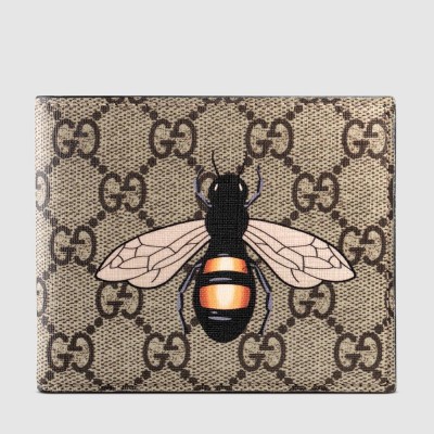 Gucci Bi-fold Wallet In Beige Bee Print GG Supreme Canvas GGBS10953