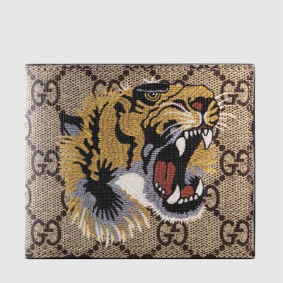 Gucci Bi-fold Wallet In Beige Tiger Print GG Supreme Canvas GGBS10961