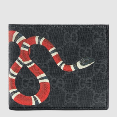 Gucci Bi-fold Wallet In Black Kingsnake Print GG Supreme Canvas GGBS10967