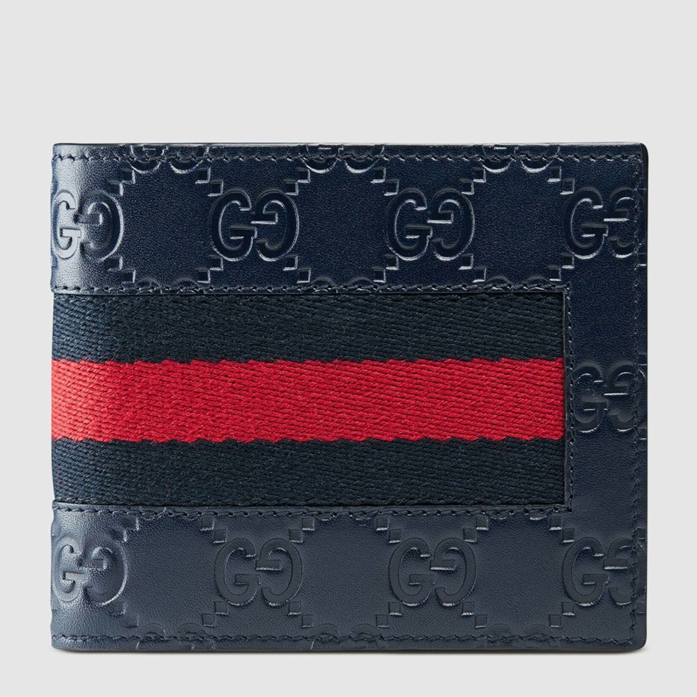 Gucci Bi-fold Wallet In Blue Signature Leather with Web GGBS10975