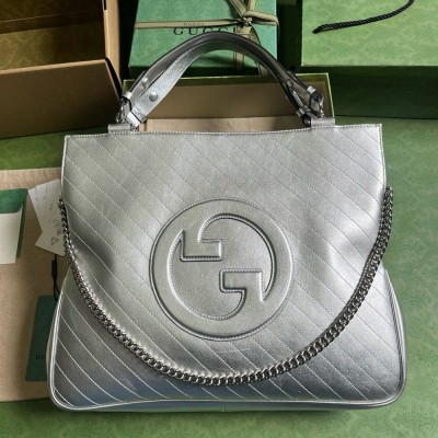 Gucci Blondie Medium Tote Bag in Silver Metallic Leather GGBS10881