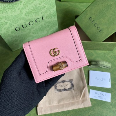 Gucci Diana Card Case Wallet In Pink Calfskin GGBS10915