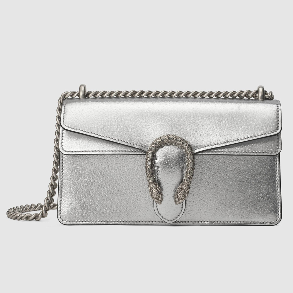 Gucci Dionysus Small Rectangular Bag in Silver Metallic Leather GGBS10213