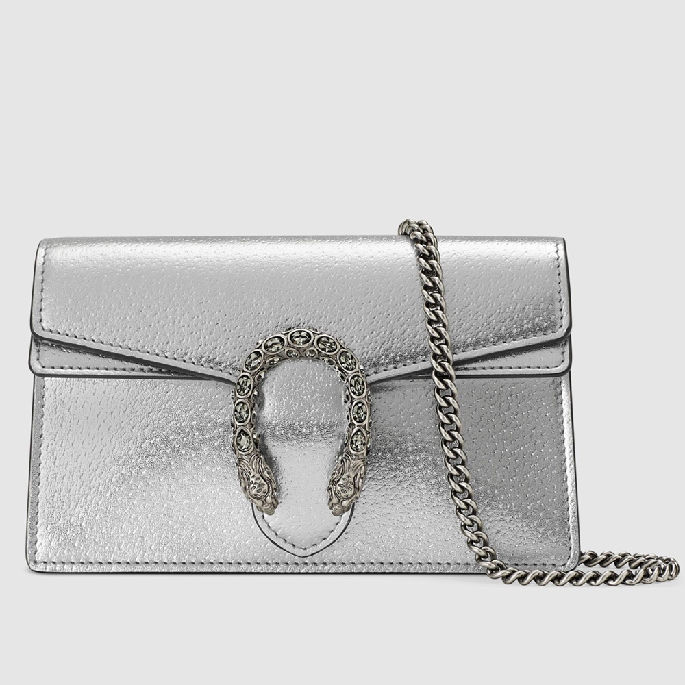 Gucci Dionysus Super Mini Bag in Silver Metallic Leather GGBS10645