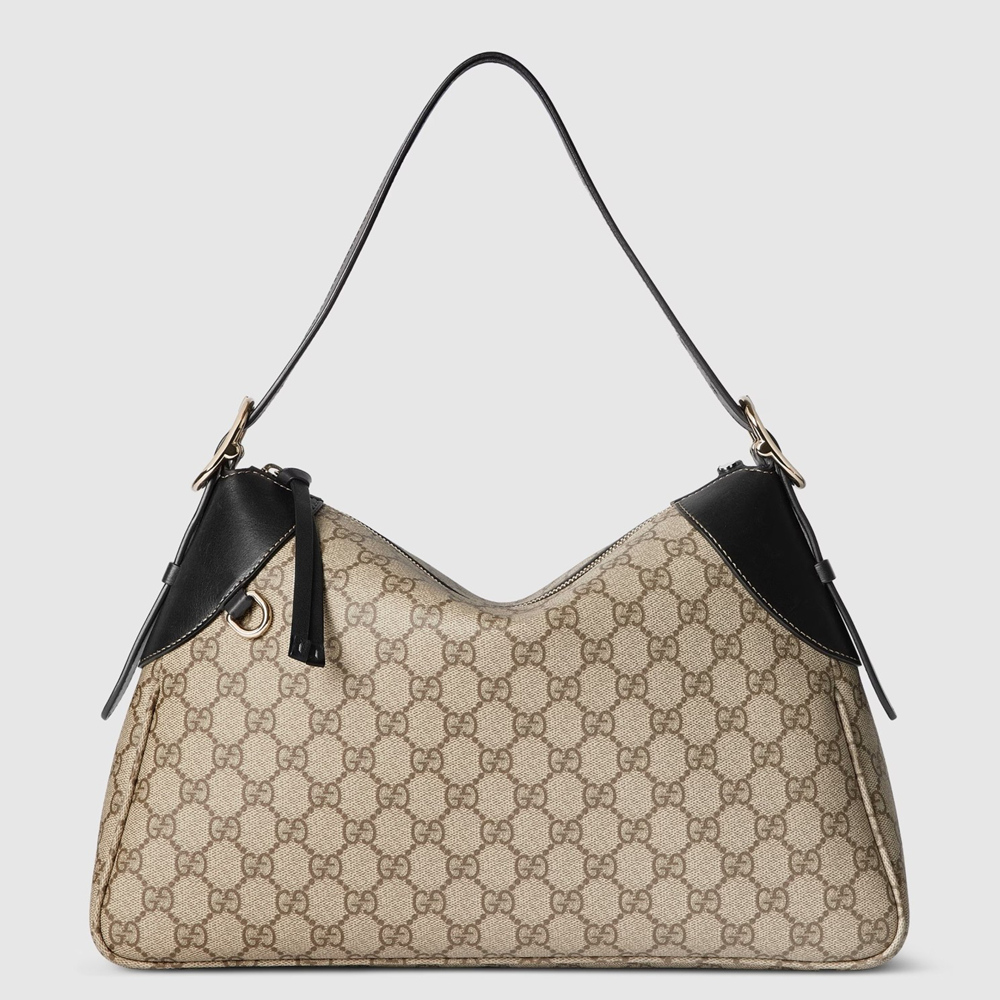 Gucci GG Emblem Medium Shoulder Bag in Beige GG Canvas with Black Leather GGBS10260