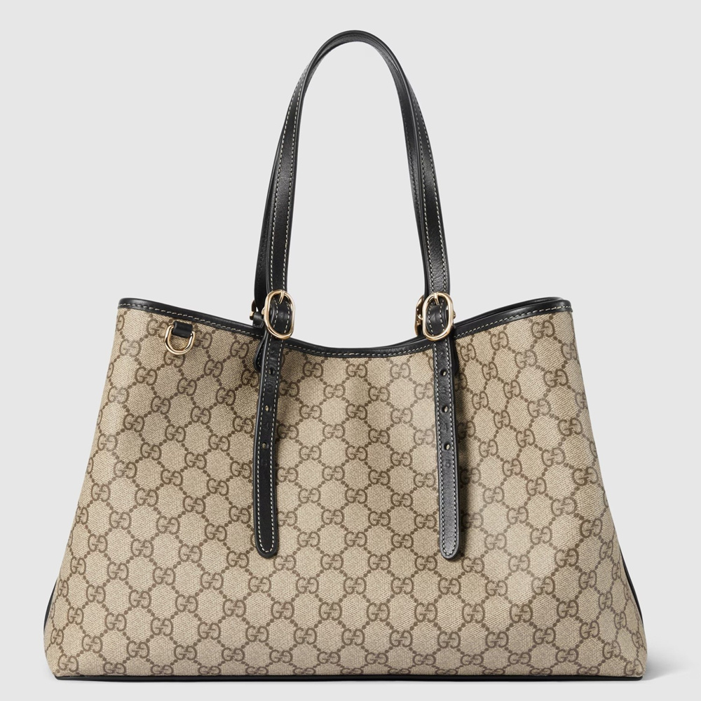 Gucci GG Emblem Medium Tote Bag in Beige GG Canvas with Black Leather GGBS10272