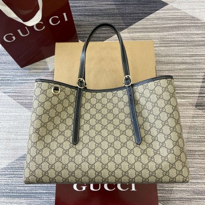 Gucci GG Emblem Medium Tote Bag in Beige GG Canvas with Black Leather GGBS10272