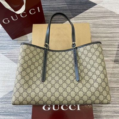 Gucci GG Emblem Medium Tote Bag in Beige GG Canvas with Black Leather GGBS10272