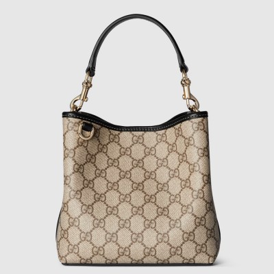 Gucci GG Emblem Mini Bucket Bag in Beige GG Canvas with Black Leather GGBS10257