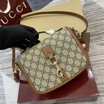 Gucci GG Emblem Mini Shoulder Bag in Beige GG Canvas with Brown Leather GGBS10262