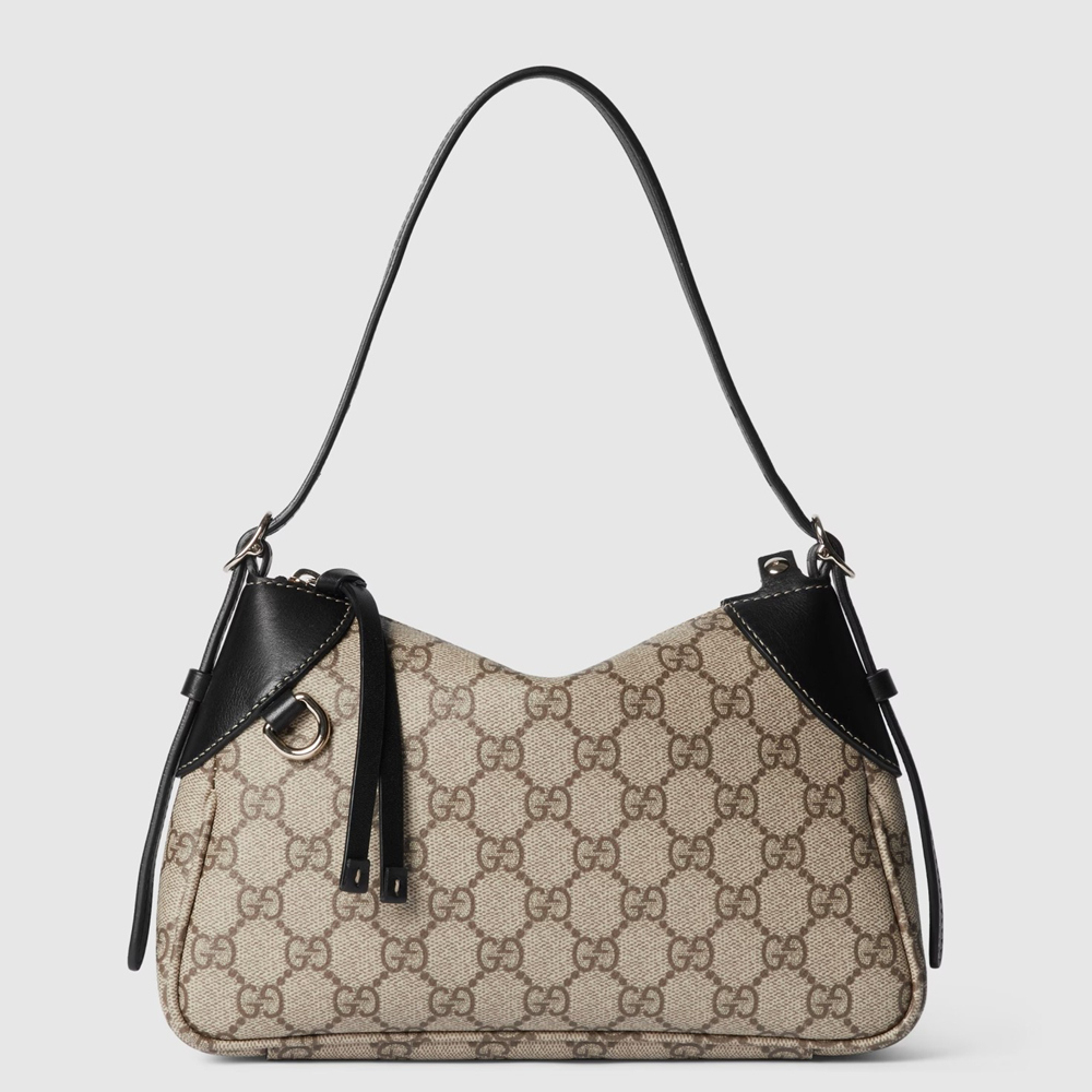 Gucci GG Emblem Small Shoulder Bag in Beige GG Canvas with Black Leather GGBS10264