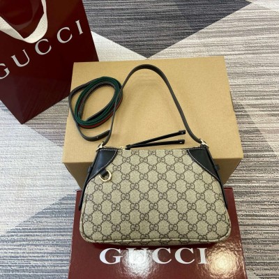 Gucci GG Emblem Small Shoulder Bag in Beige GG Canvas with Black Leather GGBS10264