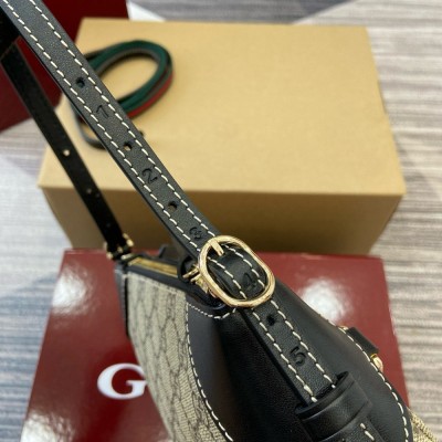 Gucci GG Emblem Small Shoulder Bag in Beige GG Canvas with Black Leather GGBS10264