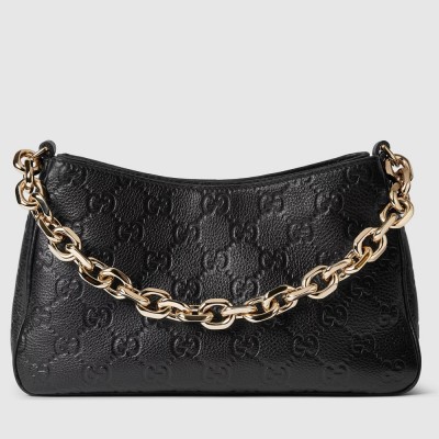 Gucci GG Emblem Small Shoulder Bag in Black GG Grained Leather GGBS10265