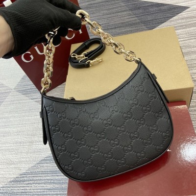 Gucci GG Emblem Small Shoulder Bag in Black GG Grainy Leather GGBS10266