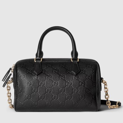 Gucci GG Emblem Small Top Handle Bag in Black GG Grainy Leather GGBS10270