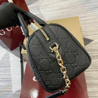 Gucci GG Emblem Small Top Handle Bag in Black GG Grainy Leather GGBS10270