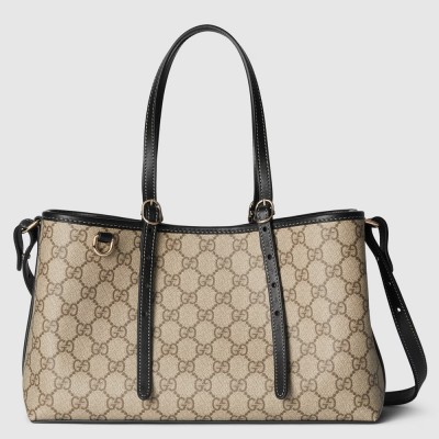 Gucci GG Emblem Small Tote Bag in Beige GG Canvas with Black Leather GGBS10274