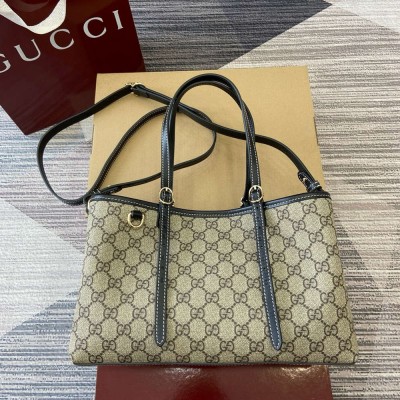 Gucci GG Emblem Small Tote Bag in Beige GG Canvas with Black Leather GGBS10274