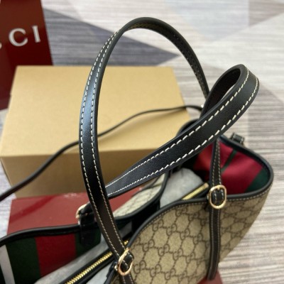 Gucci GG Emblem Small Tote Bag in Beige GG Canvas with Black Leather GGBS10274