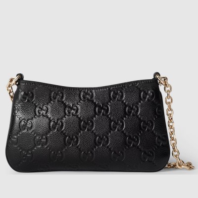 Gucci GG Emblem Super Mini Shoulder Bag in Black GG Grainy Leather GGBS10268