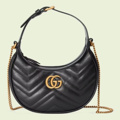 Gucci GG Marmont Half-moon Mini Bag in Black Chevron Leather GGBS10303