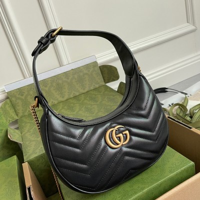 Gucci GG Marmont Half-moon Mini Bag in Black Chevron Leather GGBS10303