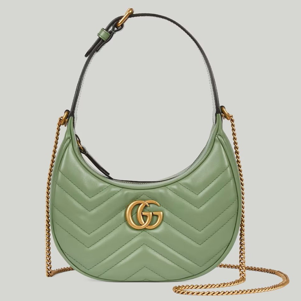 Gucci GG Marmont Half-moon Mini Bag in Green Chevron Leather GGBS10304