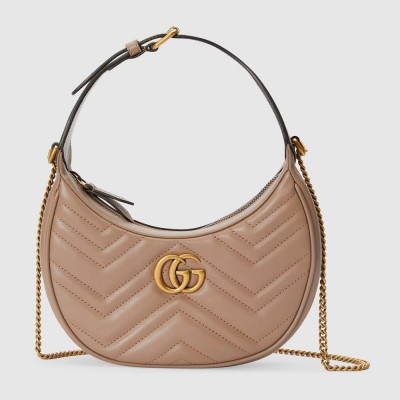 Gucci GG Marmont Half-moon Mini Bag in Nude Chevron Leather GGBS10305