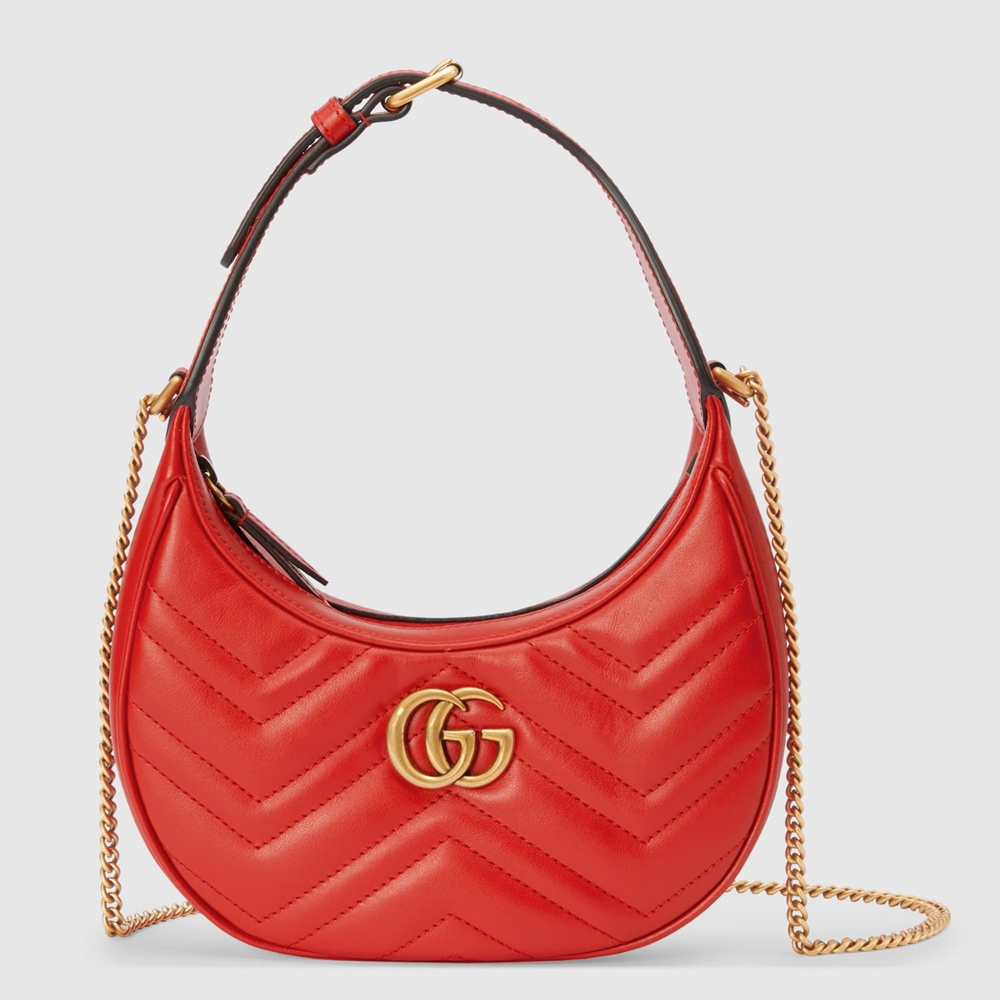 Gucci GG Marmont Half-moon Mini Bag in Red Chevron Leather GGBS10306