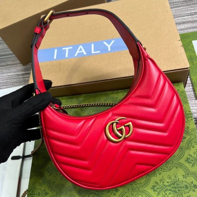 Gucci GG Marmont Half-moon Mini Bag in Red Chevron Leather GGBS10306