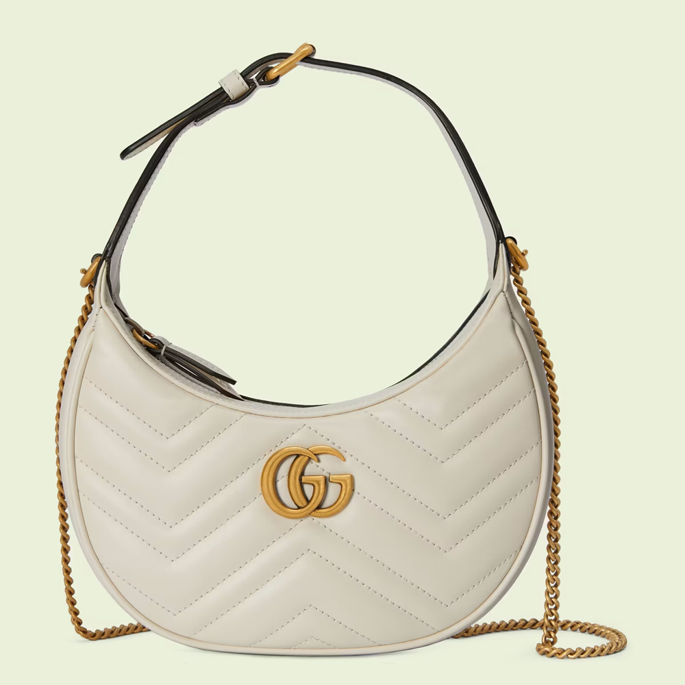 Gucci GG Marmont Half-moon Mini Bag in White Chevron Leather GGBS10308