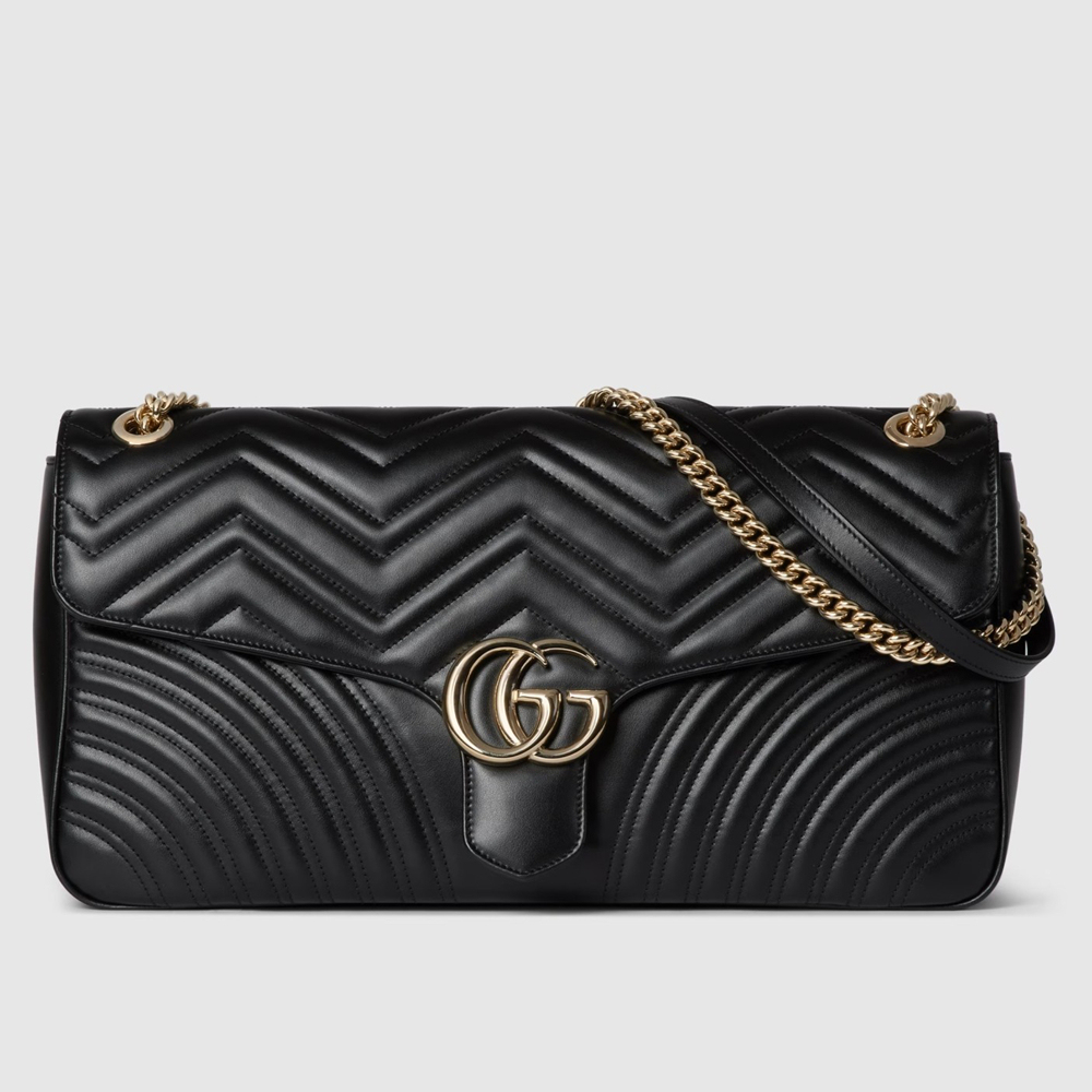 Gucci GG Marmont Large Shoulder Bag in Black Chevron Leather GGBS10785