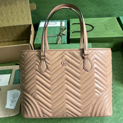 Gucci GG Marmont Large Tote Bag in Rose Beige Chevron Leather GGBS10888