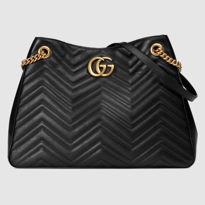 Gucci GG Marmont Medium Chain Shoulder Bag in Black Chevron Leather GGBS10347