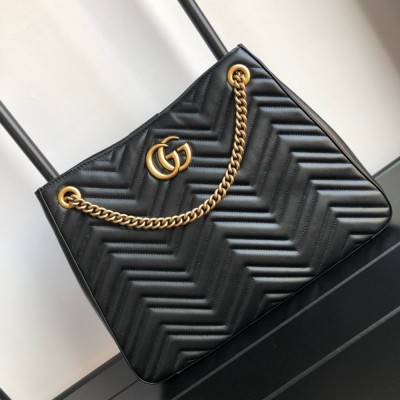 Gucci GG Marmont Medium Chain Shoulder Bag in Black Chevron Leather GGBS10347