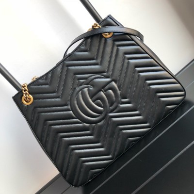 Gucci GG Marmont Medium Chain Shoulder Bag in Black Chevron Leather GGBS10347