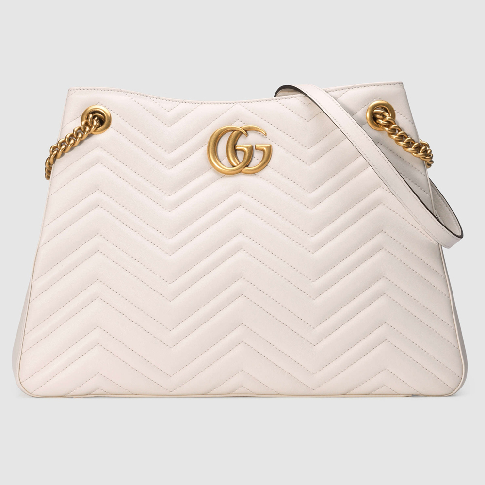 Gucci GG Marmont Medium Chain Shoulder Bag in White Chevron Leather GGBS10348