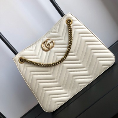 Gucci GG Marmont Medium Chain Shoulder Bag in White Chevron Leather GGBS10348