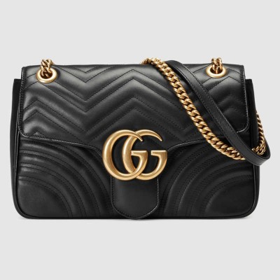 Gucci GG Marmont Medium Shoulder Bag in Black Chevron Leather GGBS10349