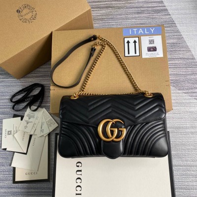 Gucci GG Marmont Medium Shoulder Bag in Black Chevron Leather GGBS10349