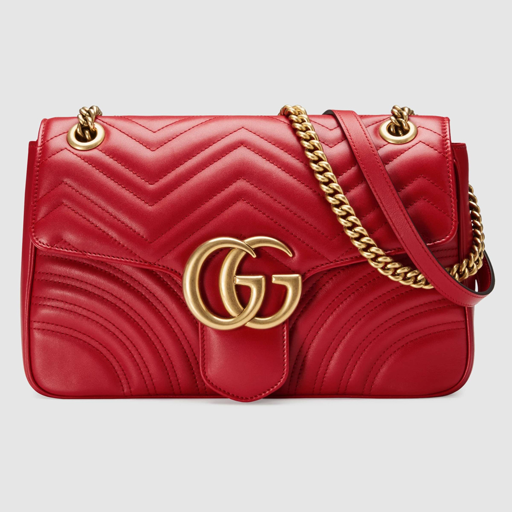 Gucci GG Marmont Medium Shoulder Bag in Red Chevron Leather GGBS10352