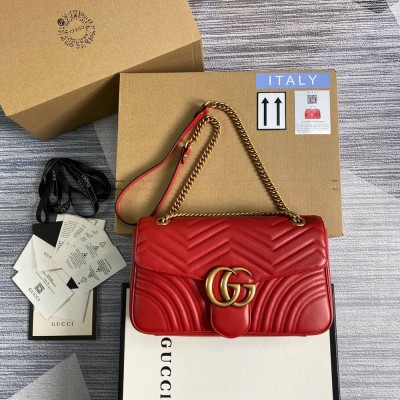 Gucci GG Marmont Medium Shoulder Bag in Red Chevron Leather GGBS10352