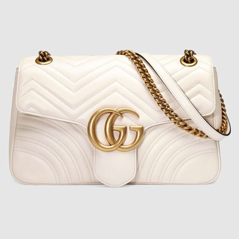 Gucci GG Marmont Medium Shoulder Bag in White Chevron Leather GGBS10353